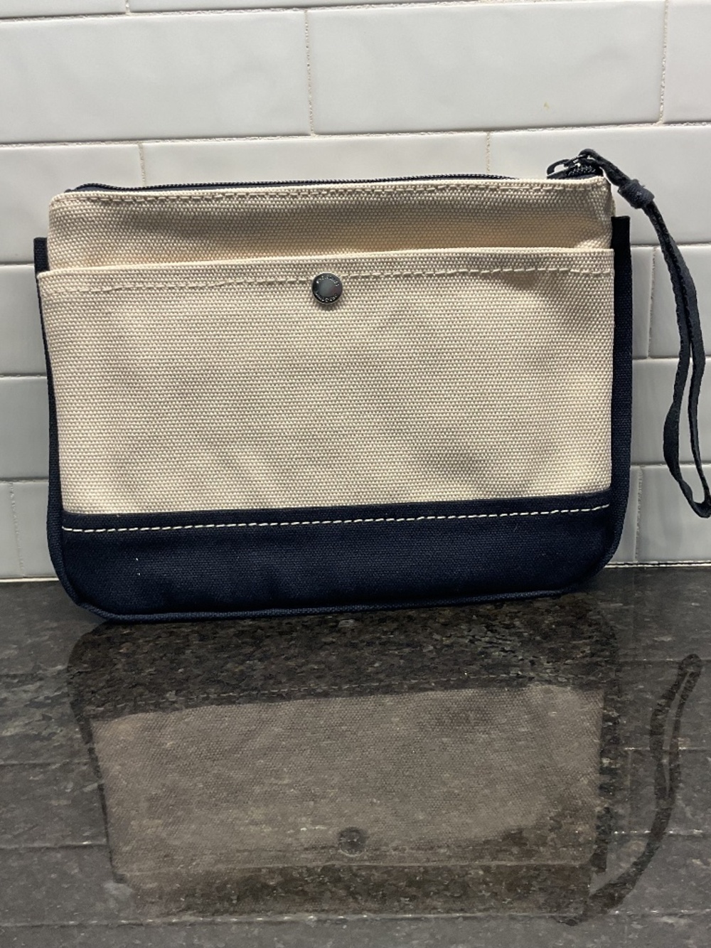Zipper Canvas Ivory/Navy Blue Pouch Wristlet